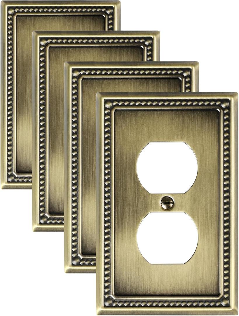 4-Pack Duplex Outlet Cover Plate, Antique Brass Metal Wall Plates for Electrical Outlets, 1 Gang Receptacle Cover, Pearls Decorative Switch Plates and Outlet Covers