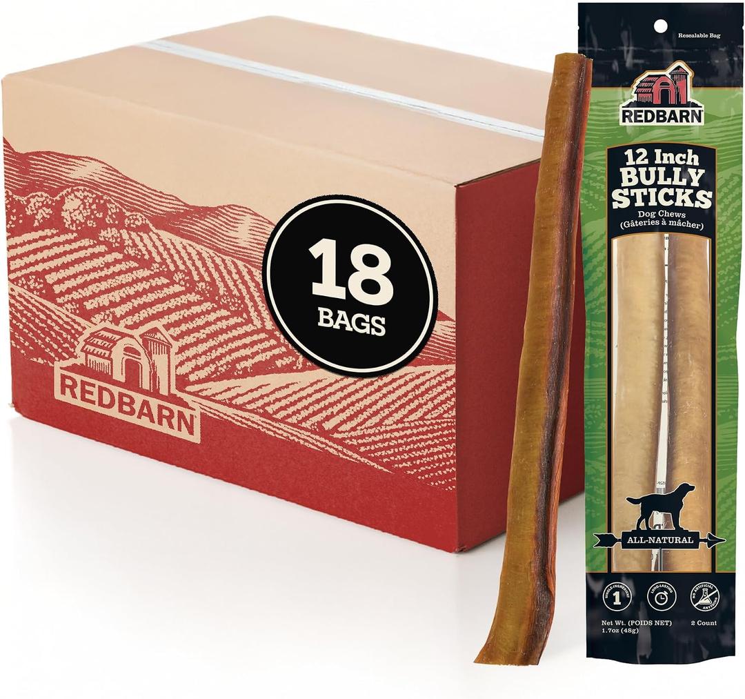 Redbarn Pet Products All-Natural 12" Large Bully Sticks for Dogs - Premium Grain-Free & Rawhide-Free Single Ingredient Long Lasting Low Odor Dental Treat for Chewers - 18 Count EXP: 12-03-28