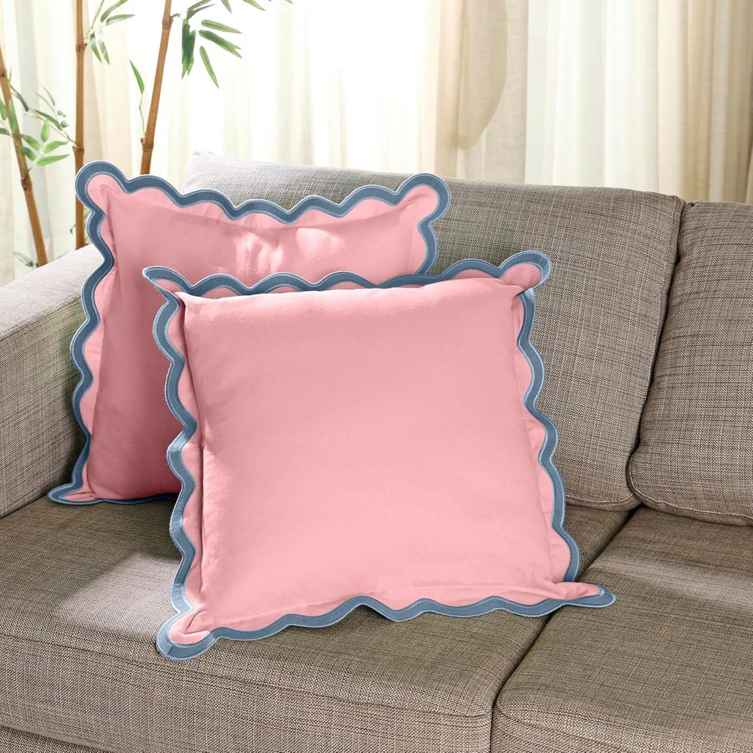 Scalloped Pillow Cover Pack of 2 Spring Chenille Decorative Throw Pillow Covers Cute Boho Couch Pillow Covers Aesthetic Funky Preppy Pillow Cases for Sofa Living Room (Blush Pink, 20x20 Inch)
