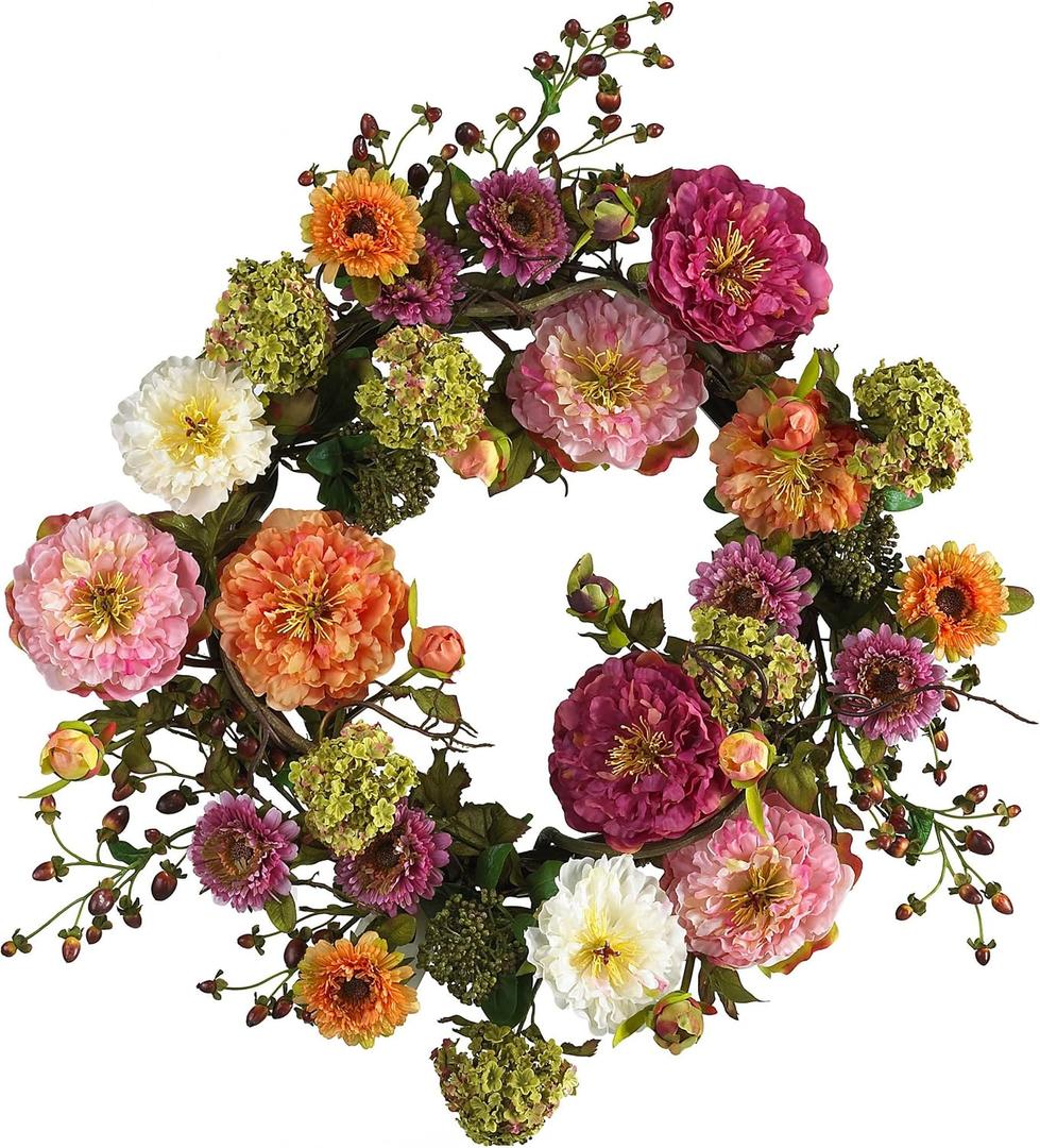 Nearly Natural 24in Artificial Peony Wreath Multicolor Faux Floral Spring Wreath for Front Door, Indoor Wall Decor, and Dining Table Centerpiece