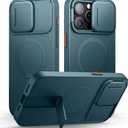 SURITCH for iPhone 15 Pro Max Case with Magnetic Camera Slide Cover and Adjustable Kickstand, Compatible with MagSafe, Shockproof Bumper Case Slim Protective Cover 6.7 Inch, Lake Green