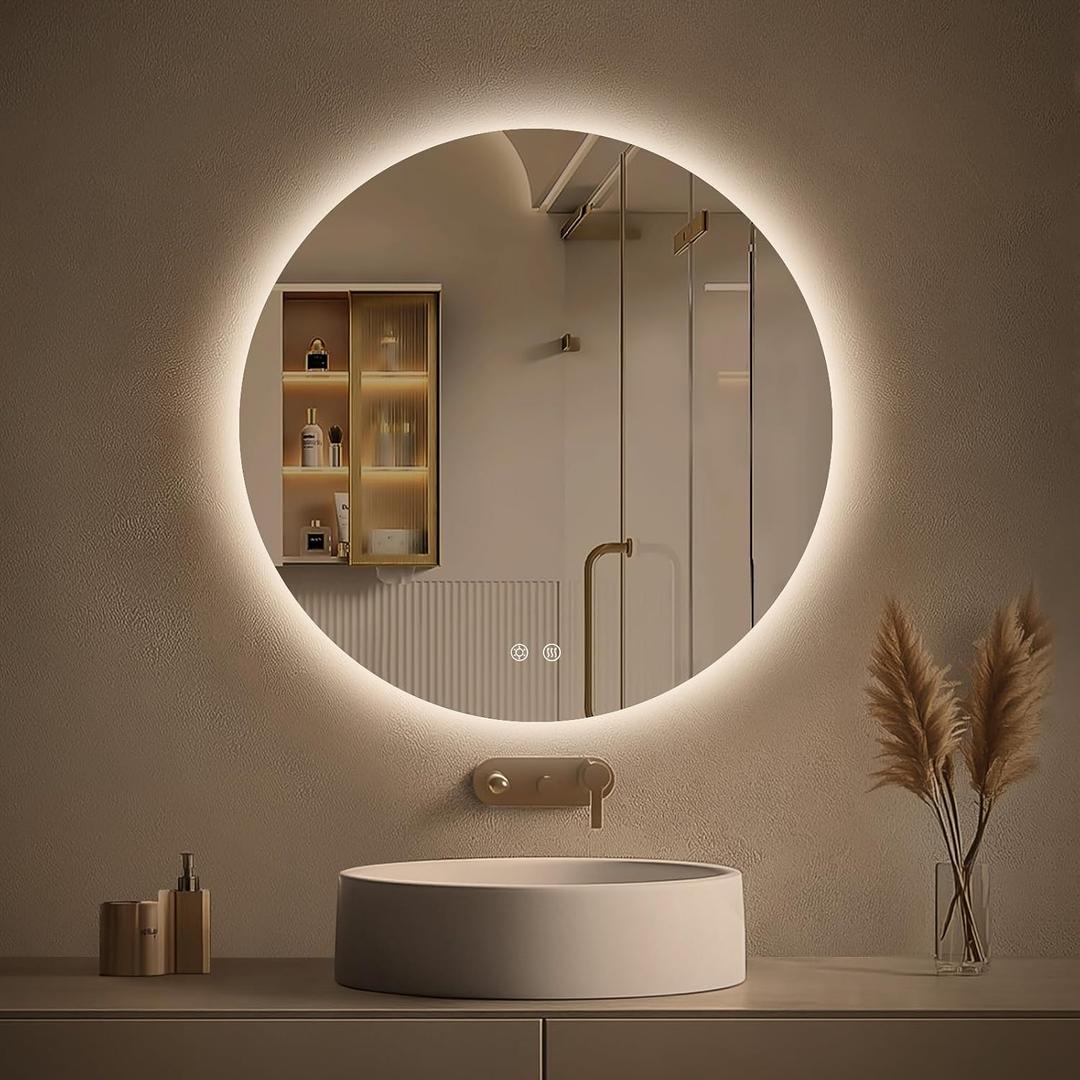 LOVESPEJO 24x24 Round Backlit Bathroom Mirror with Lights, Circle LED Mirror for Bathroom, Fogless, Stepless Dimmable, 3 Color Changing, Memory, IP54, Shatterproof