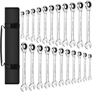KOOPOOL Ratchet Wrenches Set, 22-Piece Combination Wrench Set, Metric & SAE, Anti-Slip Grip, CR-V Steel, 1/4" to 3/4" & 6mm to 18mm, Portable Oxford Pouch Organizer