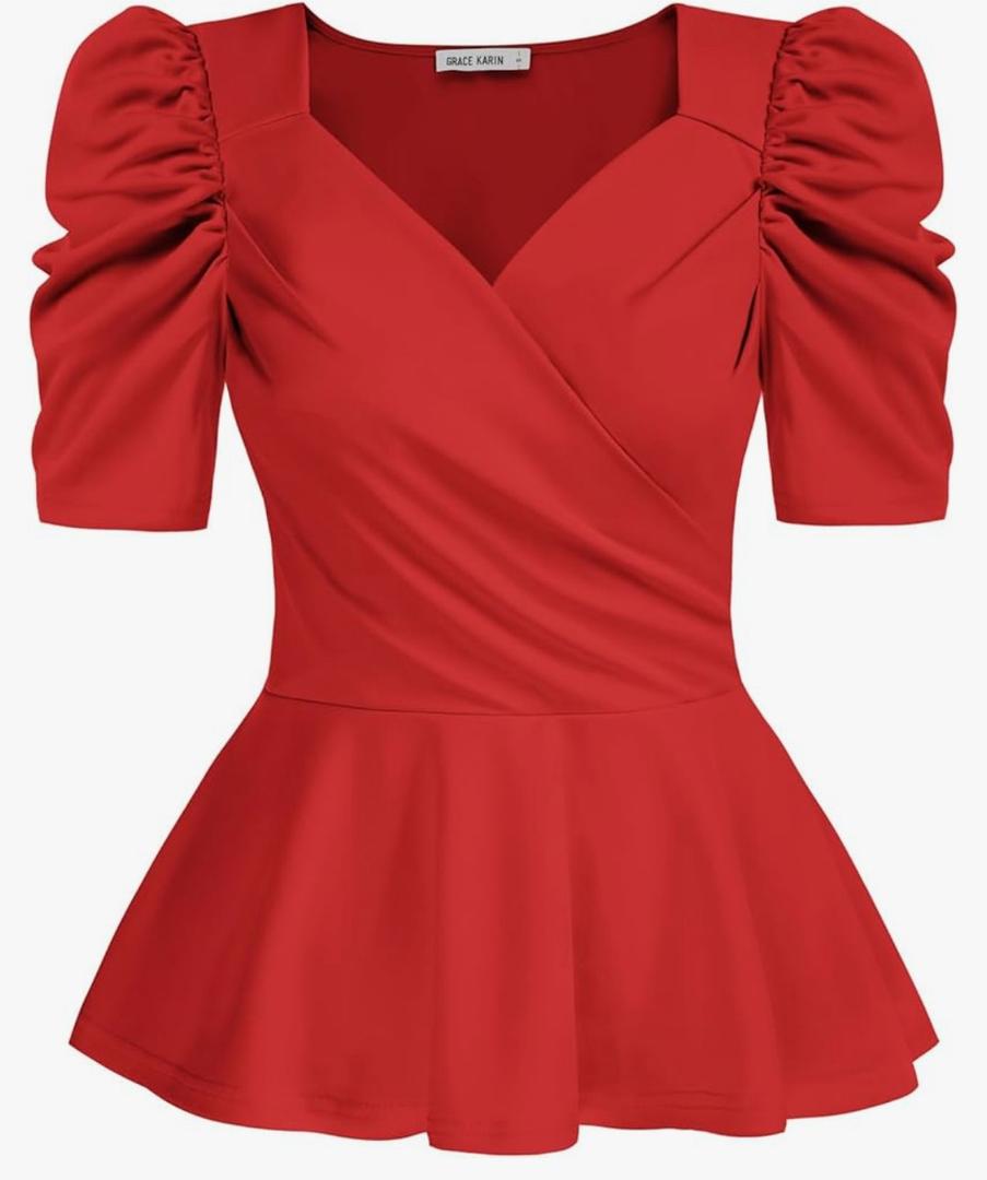 GRACE KARIN 2025 Womens Tops Elegant Peplum Top Wrap V Neck Puff Short Sleeve Summer Tops Blouse (Medium, Red)