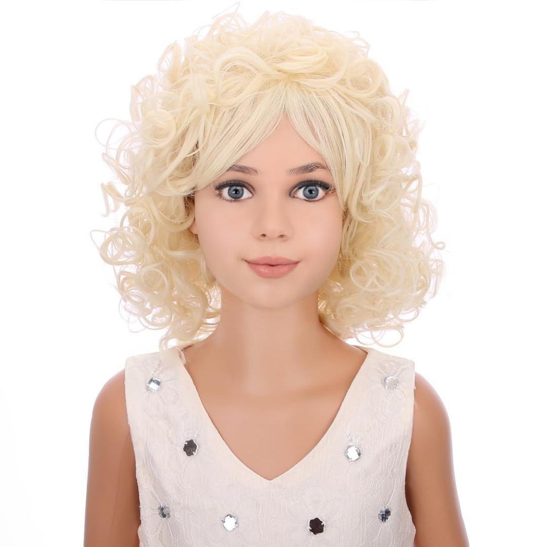 Long Curly Blonde Wig for Kids Girls Light Blonde Wig Shoulder Length Blonde Synthetic Wig with Wig Cap