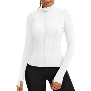 Rapbin Women's Slim Fit Workout Jackets Full Zip Long Sleeve Running Athletic Tops Yoga Shirts with Thumb Holes (White) S