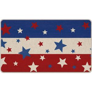 4th of July Patriotic Decorative Front Door Mat, America USA Stars Doormat Indoor Outdoor Non-Slip Floor Entryway Rug, American Blue White Red Stripes Home Kitchen Decoration 17x29 Inch