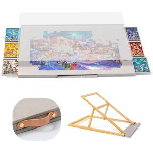 Yesday 1500 Pieces Flannelette Covered Jigsaw Puzzle Table with Integrated Adjustable Stand & Cover, 3-Tilting-Angle Wooden Plateau Portable Jigsaw Board with 6 Sorting Drawers - Gray