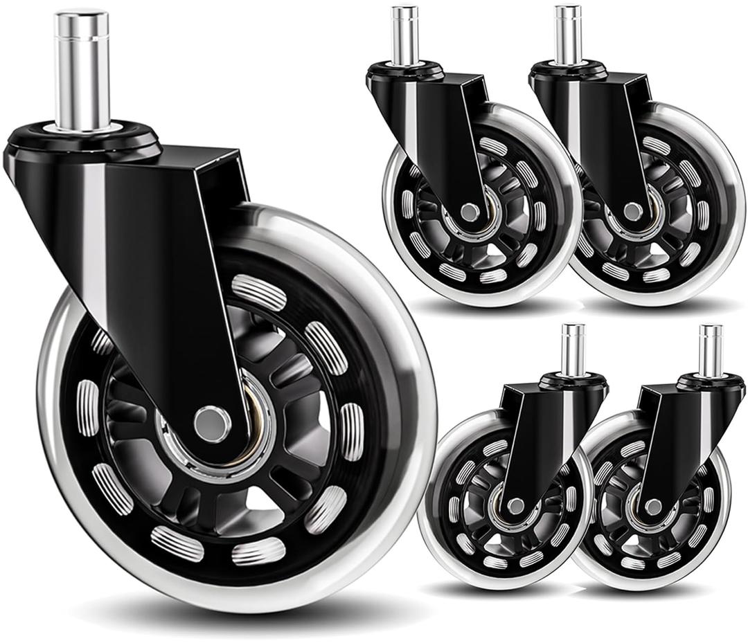 Office Chair Caster Wheels 3" Inch Roller Blade Rubber Wheels Replacement, 11mm Universal Fit Stem, Heavy Duty Smooth Gaming Office Desk Chair Caster Wheels for Hardwood Floor Carpet - Set of 5 (Black)