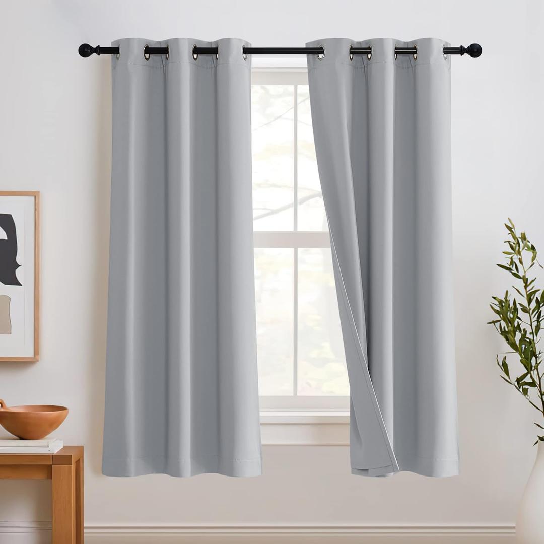 RYB HOME Short Kitchen Curtains, Blackout Curtains with Felt Fabtic Liner for Sound Absorbing, Thick Thermal Insulated Small Window Drapes for Bedroom Bathroom, 42 x 45 inch, Sliver Grey, Set of 2