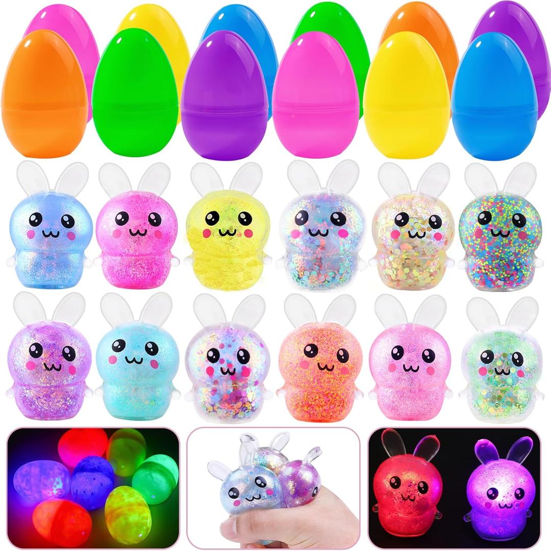 DIYDEC 12pcs Prefilled Easter Eggs Light Up Squishy Toys for Kids Stress Relief Toys for Easter Party Favors Classroom Prizes Squeeze Bunny Toys for Egg Hunt Basket Stuffers