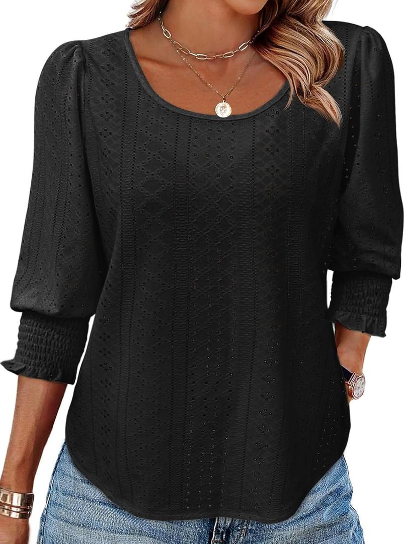 Tankaneo Womens 3/4 Length Sleeve Ladies Tops and Blouses Casual Eyelet Top Crewneck Dressy Shirts with Smocked Cuffs 2025