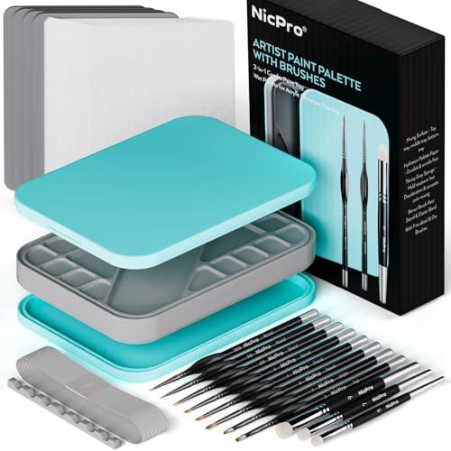 Nicpro Miniature Painting Kit with Wet Palette & 11PCS Detail Paint Brushes Drybrush, 100PCS Wet Pallet Paper, 4PCS Sponge, Brush Holder Mixing Paint Saver Palette for Miniature Model Painting