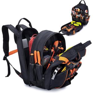 Tool Bag Backpack for Men Tool Backpack Heavy Duty with Laptop Compartment Waterproof Electrician Backpacks With USB Port for Repairman Industrial & Construction Work Storage Organization Black