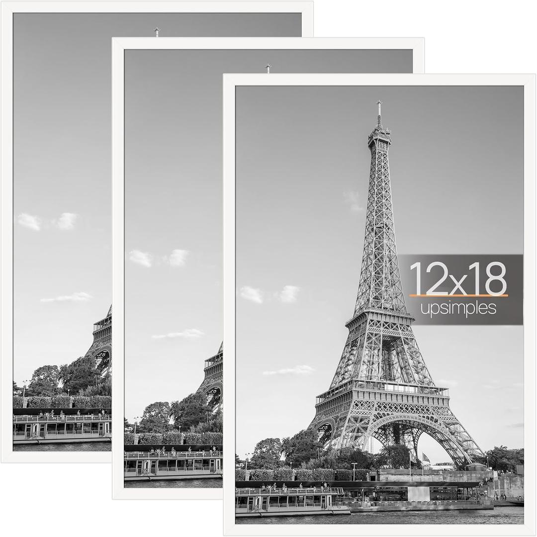 upsimples 12x18 Picture Frame White 3 Pack, Scratch-Proof Poster Frames 12 x 18 for Photo Gallery - Slide-In Strips, Horizontal or Vertical Wall Mounting