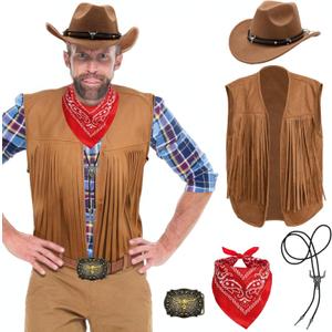 5 PCS Cowboy Outfit for Men-Western Costume Set Hat Necklace Bandana Tassel Vest for Cosplay Rodeo Party (Large, Brown)