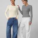 QINSEN Long Sleeve Shirts for Women Crewneck Rib Knit Slim Fit Going Out Tops Casual Basic Tee (XS)