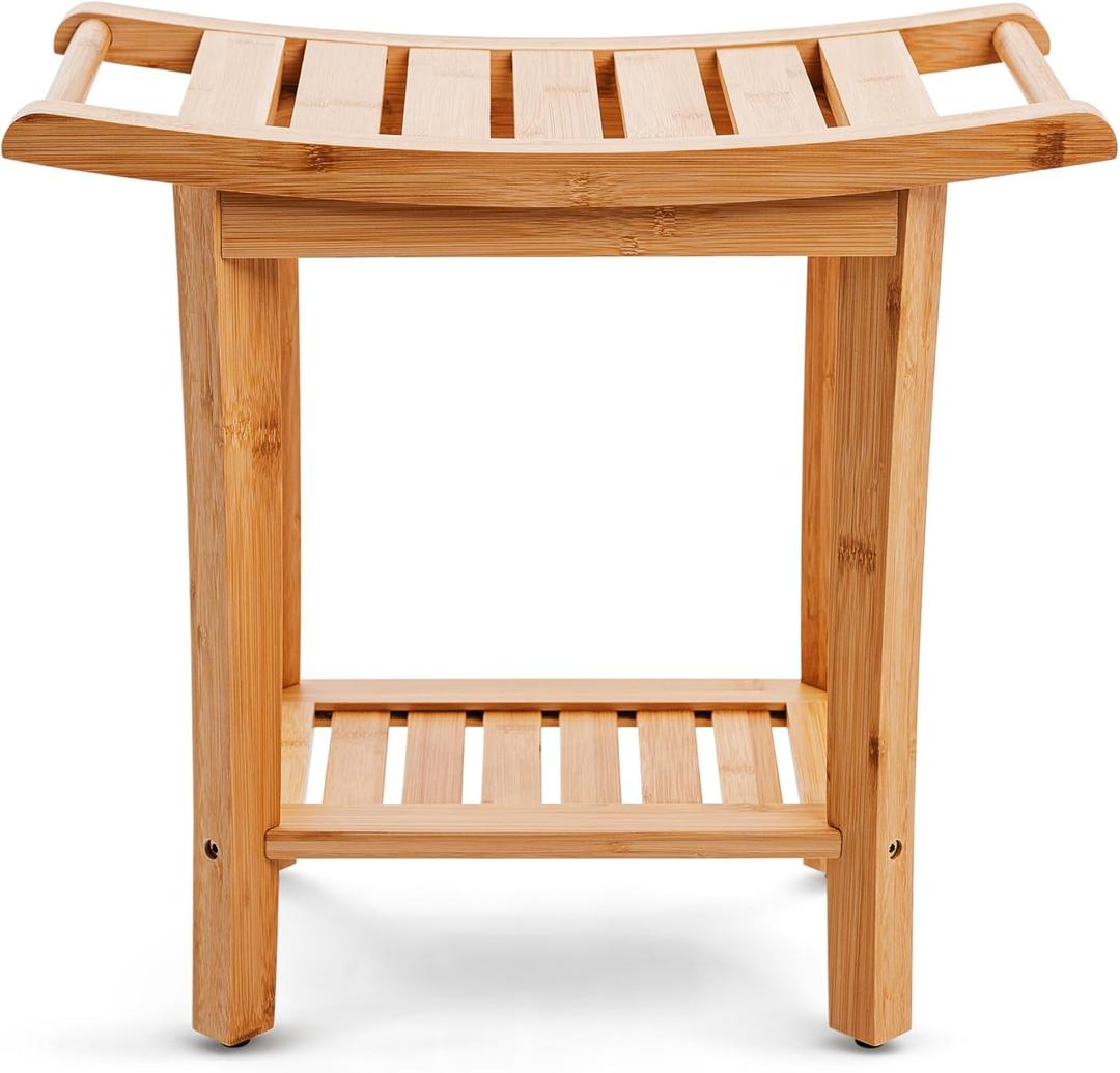 Bamboo Shower Bench with Handles and Shelf  Waterproof Stool for Inside Shower, Bathroom Foot Rest, Shaving Seat, Bamboo Shower Chair for Adults