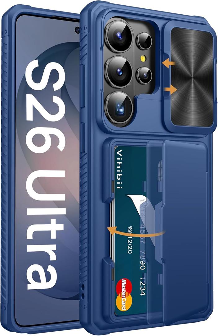 Vihibii for Samsung Galaxy S26 Ultra Case with Card Holder (4 Cards) [RFID Blocking] & Slide Camera Cover, Military Grade Drop Protection, Wallet Phone Cover for Samsung Galaxy S26 Ultra 6.9" 5G, Blue