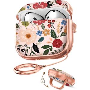 Coralogo for AirPods 4 Case with Safety Lock - Cute Cartoon for Women Girls Fashion Stylish Beige Flower Pattern Design Kawaii Girly Girlish Hard Protective Cover for AirPods 4th Generation 2024 (Flower and Floral)