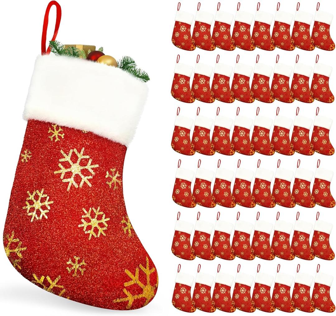 SYITCUN 48pcs Mini Christmas Stockings, 9 Christmas Stockings Bulk with Golden Snowflakes, Red Small Stockings with Sparkling Surface, Perfect for Xmas Fireplace Staircase Decoration