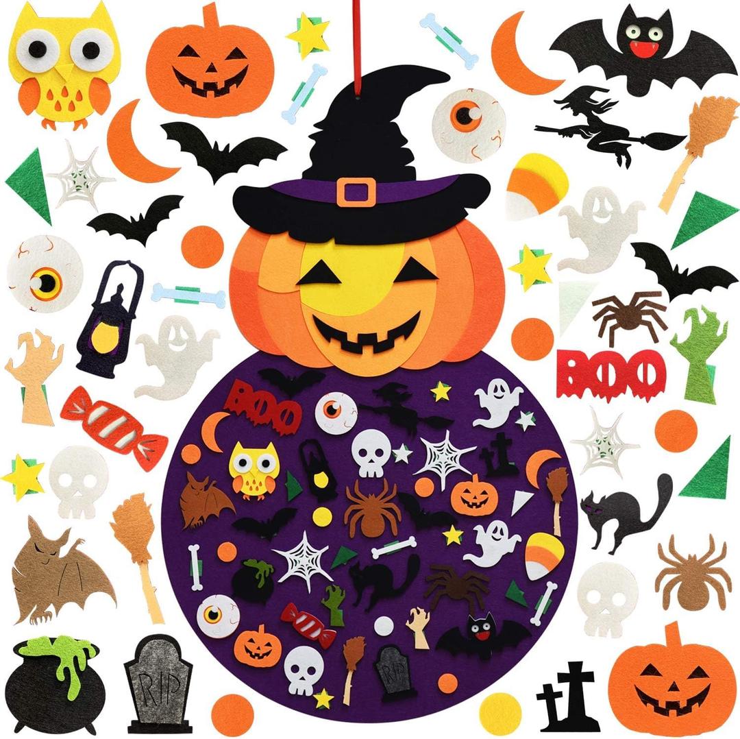 THAWAY DIY Halloween Felt Pumpkin Witch Hanging Decor for Kids Felt Crafts and Kits Adhesive Ornaments Halloween Party Favor Decorations Indoors Outdoors (2.8FT)