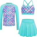 Girls Swimsuit Long Sleeve Swim Shirt 3 Piece Rash Guard for Girls Bathing Suit with Boyshorts (5-6 Years, Green)
