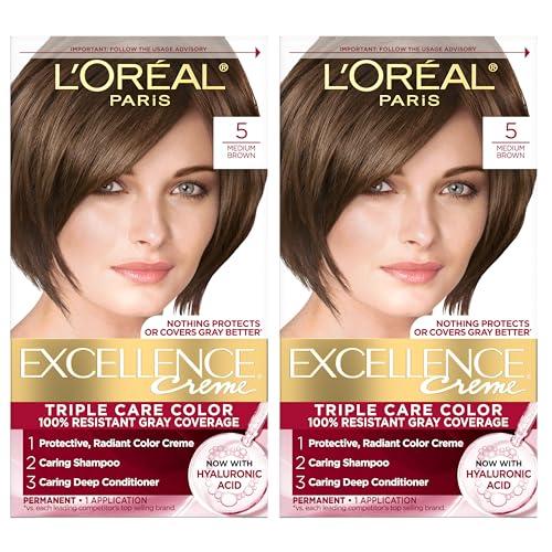 L'Oreal Paris Excellence Crème Permanent Hair Dye, Triple Care Hair Color with Hyaluronic Acid for 100% Gray Coverage, 5 Medium Brown, 1 Kit Pack of 1