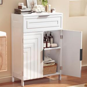 VEELOK Storage Cabinet Bathroom Floor Cabinets with Drawer Freestanding Kitchen Cabinet Fluted Coffee Bar Cabinet for Living Room, Entryway, Garage Accent Storage Organization - 23.6x11.8x35.4- White