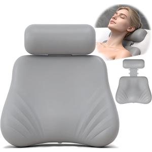 Silicone Bath Pillow, Upgraded Bath Pillows for Tub, Adjustable Height Bathtub Pillow for Head and Neck, 4D Luxury Tub Pillow Skin-Friendly Large Suction Cups Stability, Spa Relaxation-Grey