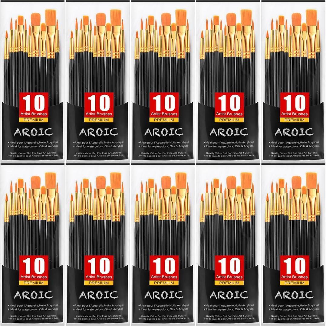 AROIC Paint Brush Set, 10 Pack 100 Pcs Acrylic Paint Brushes Artist Paint Brushes for Oil Watercolor Acrylic Face Rock Painting（Black）