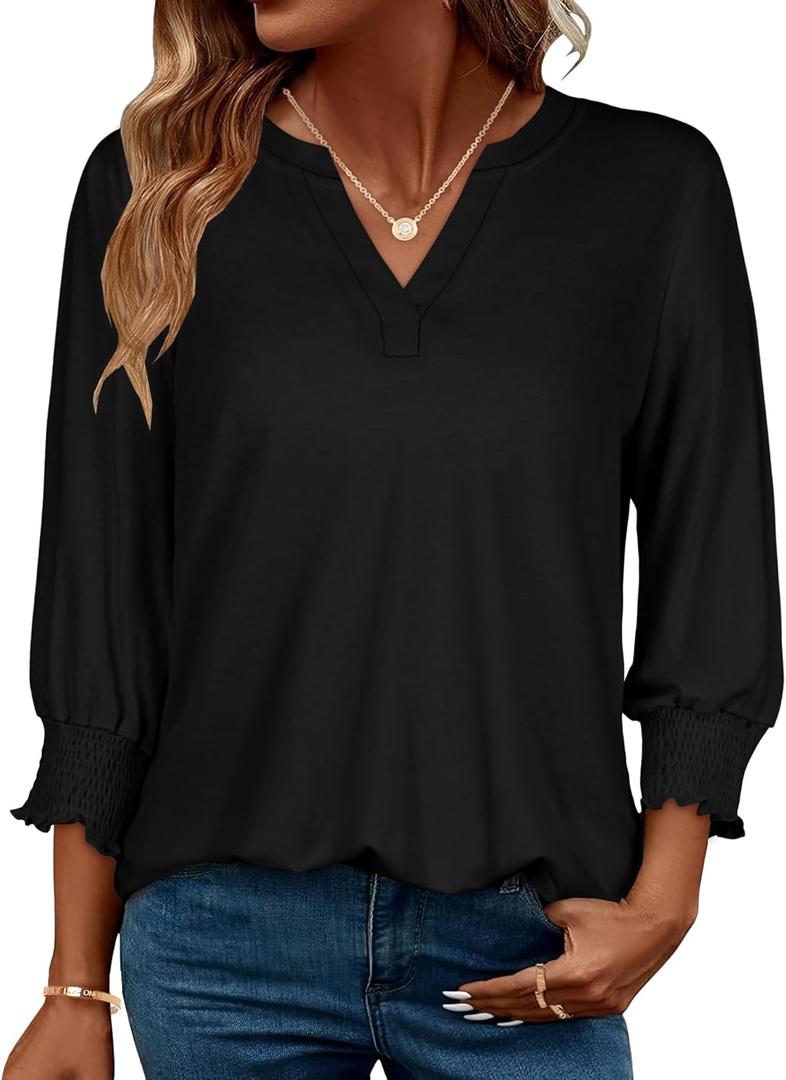 3/4 Length Sleeve Women's Tops Business Casual Blouses V Neck T Shirts with Puff Sleeve 2026 (Large, Black Color)