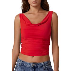 QINSEN Women's Cowl Neck Top Sleeveless Ruched Double Lined Crop Top Y2k T Shirts (Large, Red)