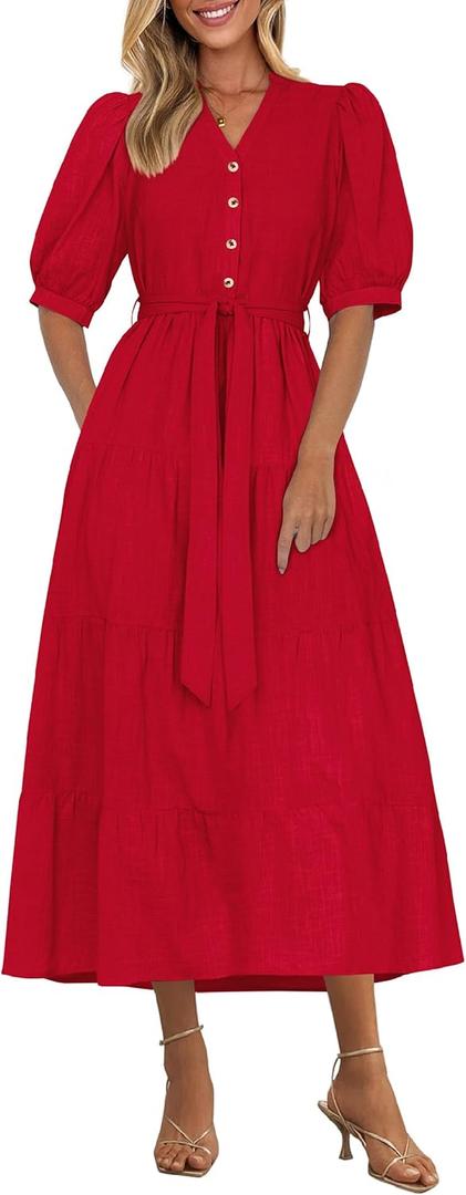PRETTYGARDEN Summer Dresses for Women 2026 Elegant Classy Short Sleeve V Neck Ruffle A Line Belted Long Beach Vacation Dress (Red, M)