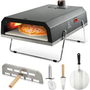 AJinTeby Outdoor Gas Pizza Oven, Portable Propane Pizza Maker with Stone Baffle Door Peel and Cutter Gas Cooker, Pizza Grilling Stove for Outdoor Indoor Kitchen, Black