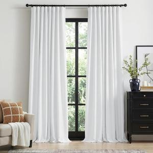 100% Blackout Shield Full Blackout Curtains for Bedroom 84 inch Length 2 Panels Set, Clip Rings/Rod Pocket Faux Linen Black Out Curtains for Living Room, Thermal Insulated, 50Wx84L, Bright White