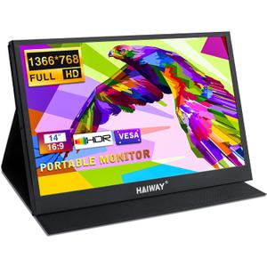 Portable Monitor, Laptop Monitor 14 inch 1366x768 RES, Ultra Slim Second External Monitors USB C HDMI Gaming Travel Monitors for Laptop Desktop Mac Phone PS4 Xbox Switch with Protective Cover