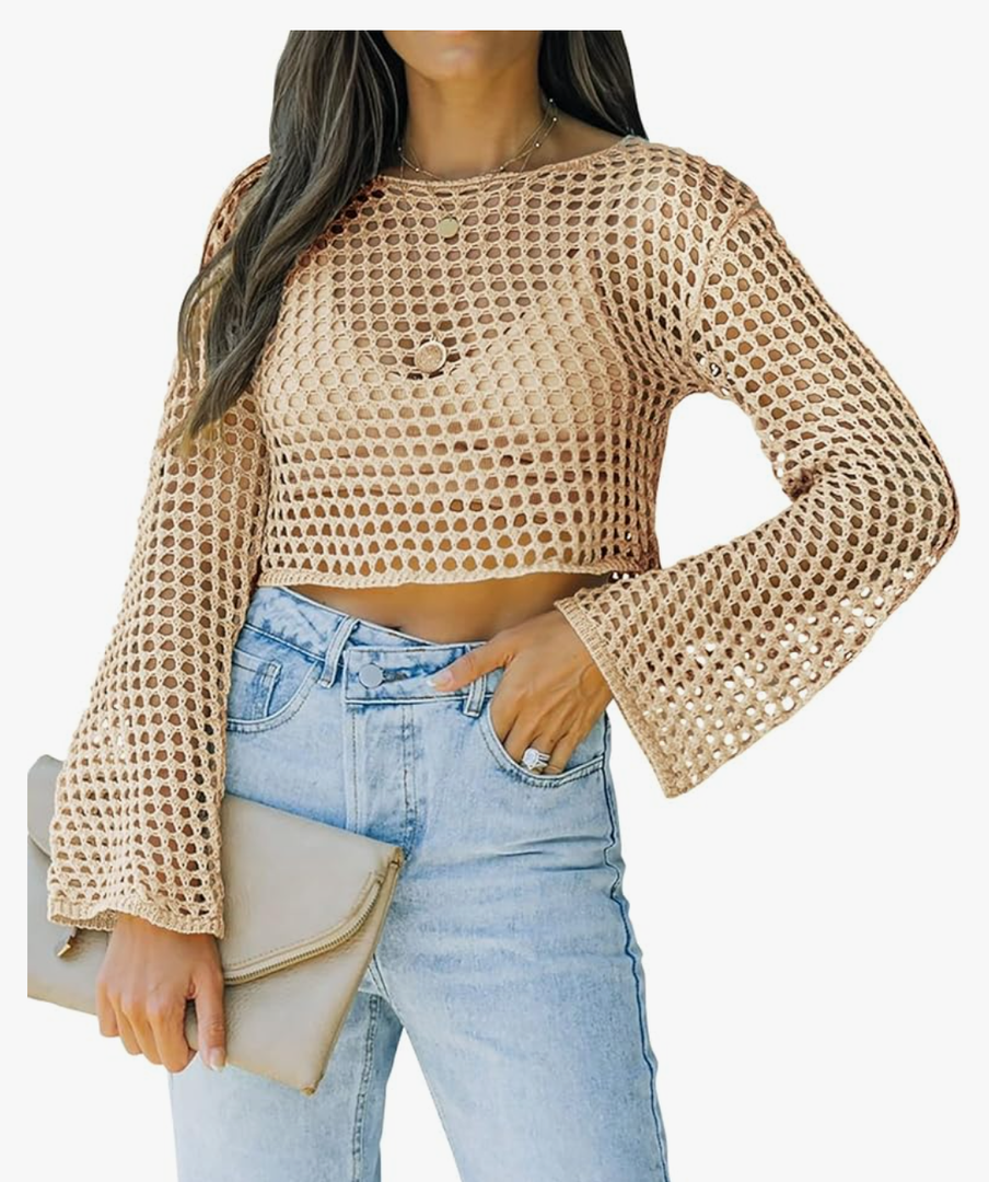 Womens Fishnet Crochet Crop Top Sexy Long Sleeve See Through Hollow Out Mesh Bikini Cover Ups ,M