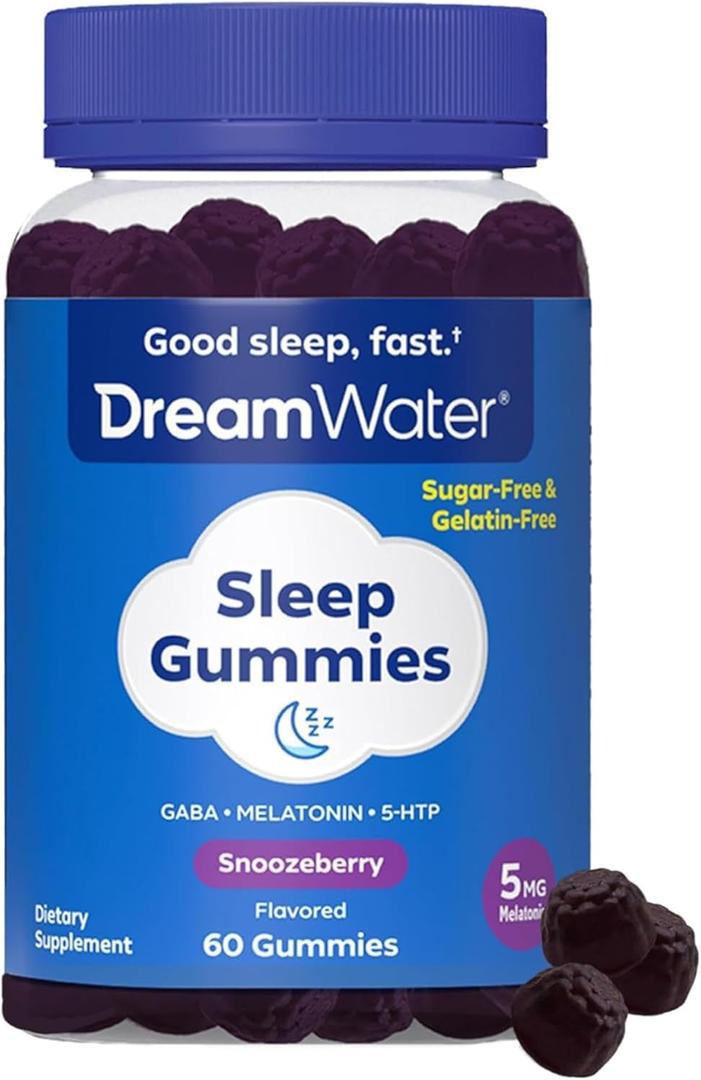 Dream Water Sleep Gummies; Melatonin Gummies with GABA & 5-HTP; Sleep Aids for Adults; Natural Flavors and Colors; Snoozeberry Flavor, 60 Count, BBD: 08/2026