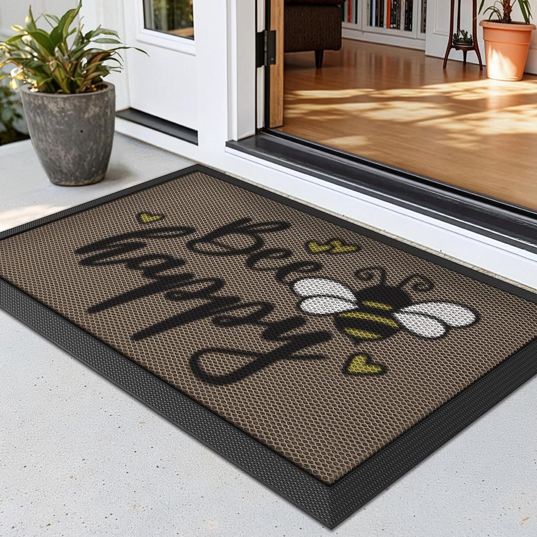 LUMI Outside Welcome Door Mat 17x30, Non Slip Durable Rubber Entrance Doormat, Low Profile Easy Clean Mats for Front Back Door Entryway Porch Garage, Bee Happy