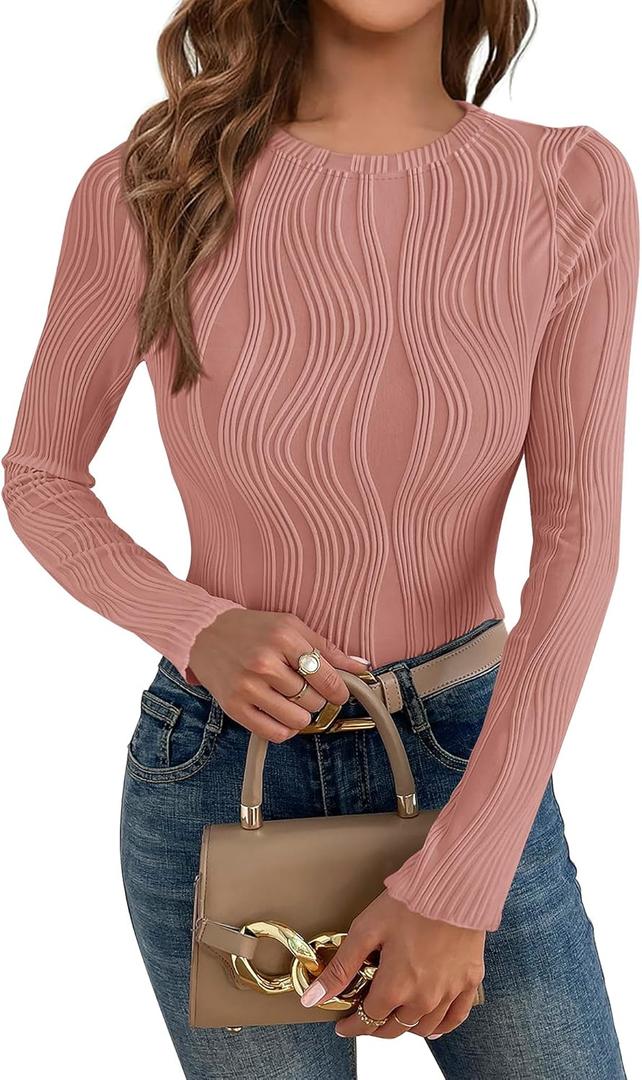 PRETTYGARDEN Women's Tops 2026 Fall Fashion Long Sleeve Crewneck Blouse Fitted Textured Basic Knit T Shirt Y2k Clothes XS