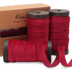 Ribbli Vintage Red Velvet Ribbon 3 Rolls Double Faced 3/8 Inch 18-Yard with Wooden Spool Use for Christmas Tree Ornaments Gift Wrapping Wreath Decoration Wedding Boutonnieres