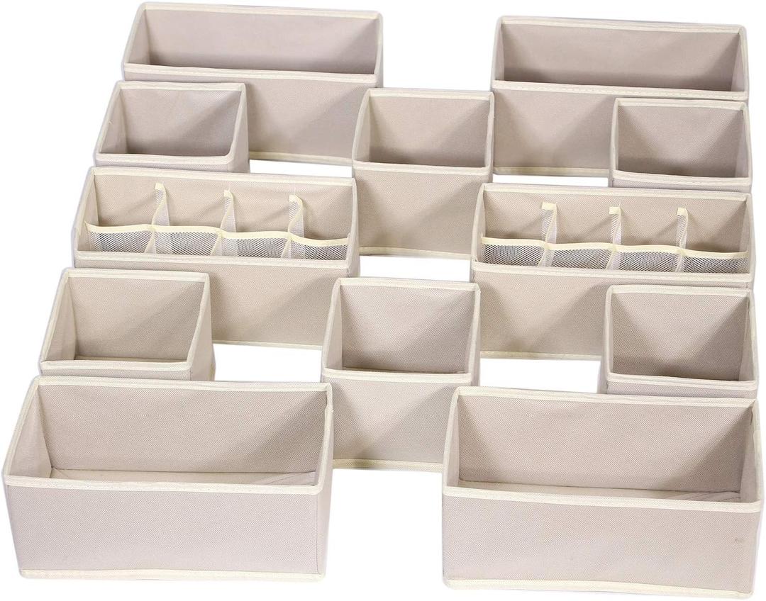 12 Pack Foldable Drawer Organizer Dividers Cloth Storage Box Closet Dresser Organizer Cube Fabric Containers Basket Bins for Underwear Bras Socks Panties Lingeries Nursery Baby Clothes Beige