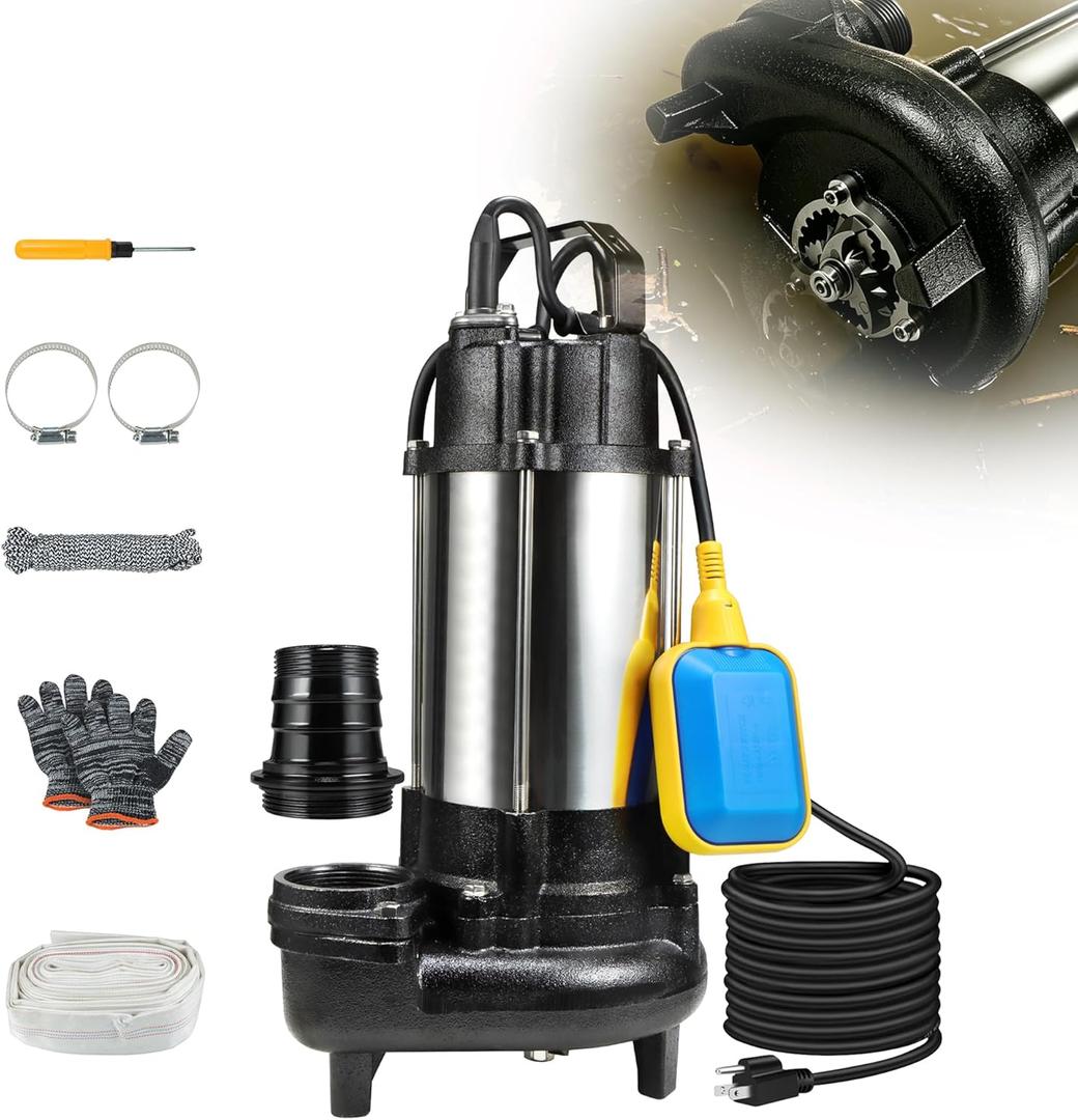 Sewage Grinder Pump, 1HP Sump Pump Submersible 110V 6400GPH 40Ft Max Head, Stainless Steel Cast Iron Effluent Pump with Auto Float Switch 2'' NPT for Basement Basin Sewage Well Pond Swimming Pool
