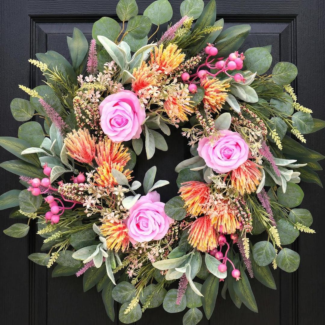 24 Inch Spring Rose Wreath Handmade Wreath for Front Door, with Eucalyptus Berries & Flocking Prote, Farmhouse Wreath for Home Indoor Outdoor Wall Festival Farmhouse Holiday Decor Year Round