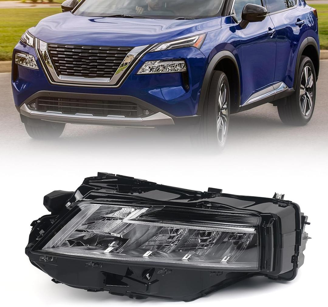 Huray LED Headlight Assembly Fit for Nissan Rogue SL/SV 2021 2022 2023 LH Projector Headlamp Replacement OE Style Left Driver Side (Chrome Housing)