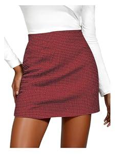 winkbay Women's Houndstooth High Waisted Mini Skirt Elegant Business Casual Skirts Red Large