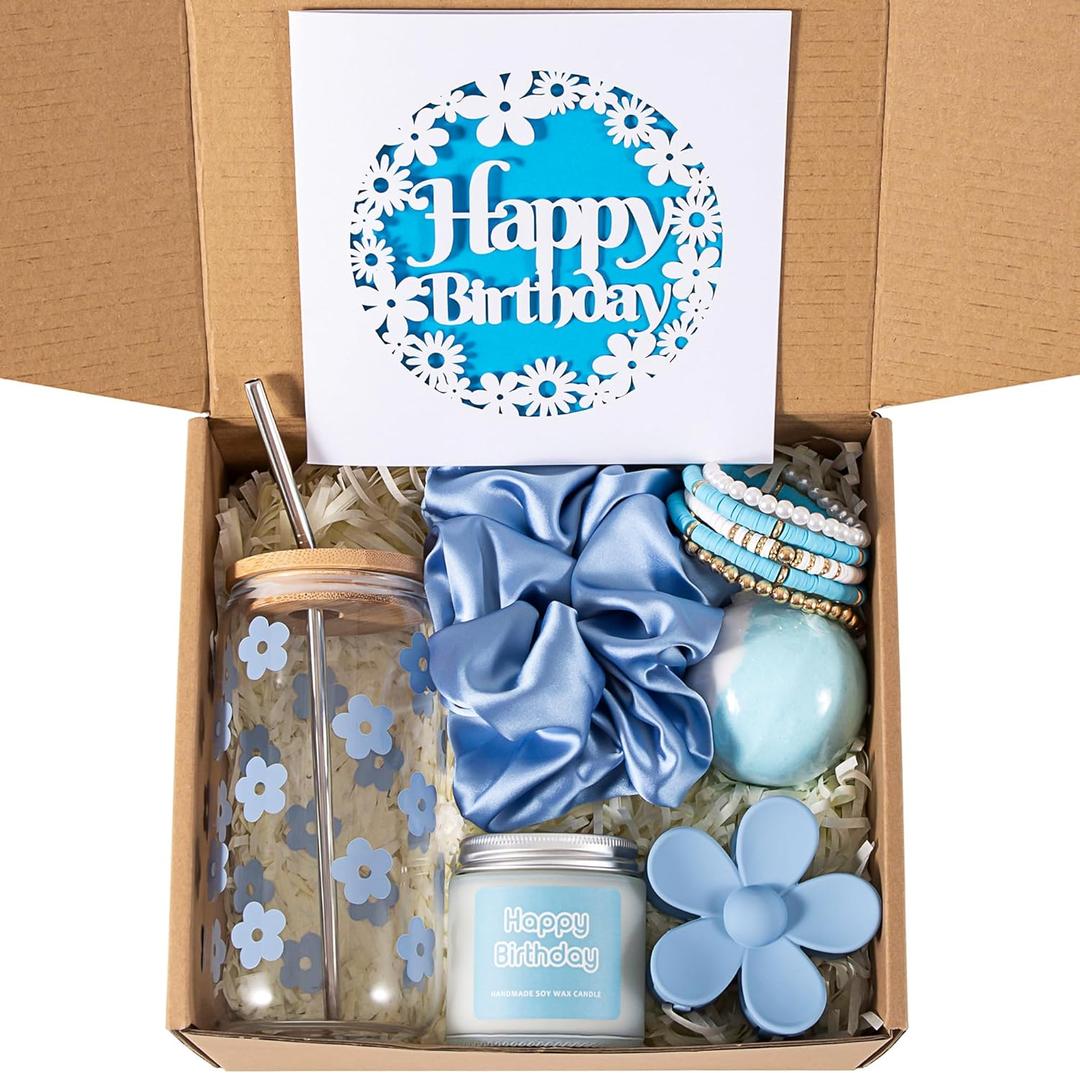 Birthday Gifts For Women, Teen Girl, Her, Happy Birthday Gift Box For Girl, Women, Sister, Daughter, Friends, Cute Daisy Aesthetic Glass Cups Gift Set 7pcs (Blue)