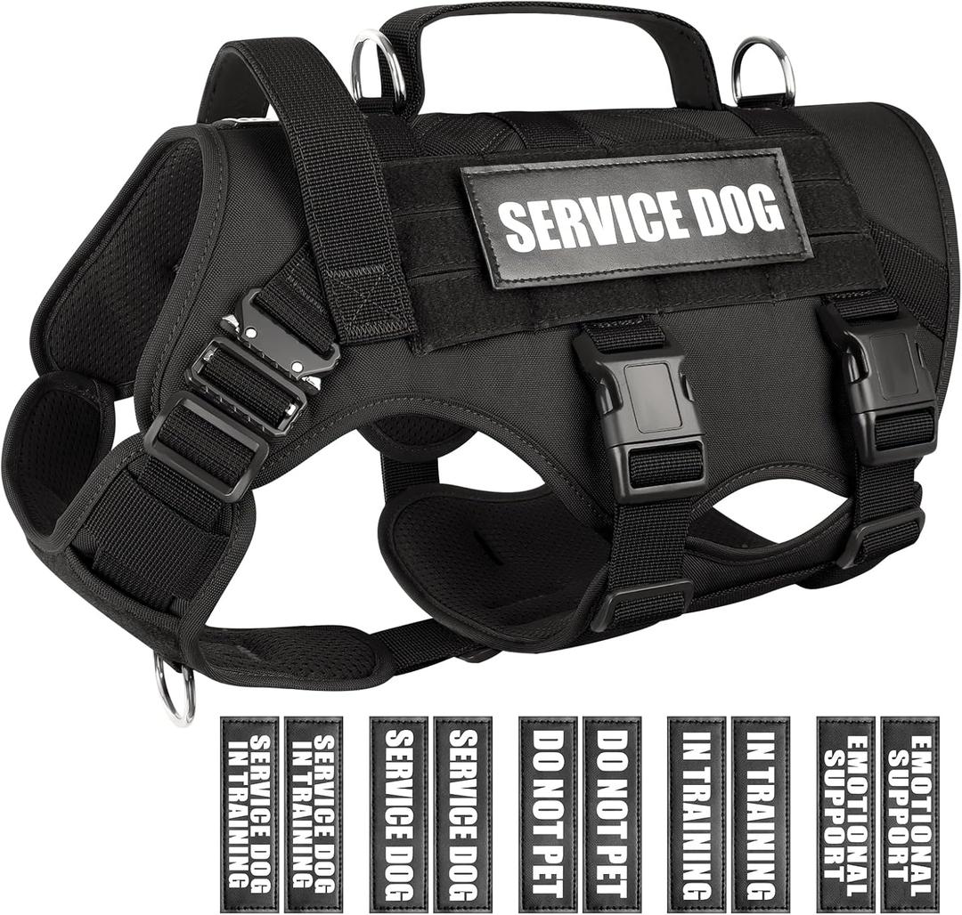 WINSEE Service Dog Vest Harness for Medium Dog, Tactical Working MOLLE Vest with 10 Pet Patches, No Pull Heavy Duty Harness for Training Walking (Black)
