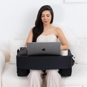 Reading Pillow for Gaming  Extra Large Lap Desk & Arm Rest with Cup & Phone Holder, Adjustable Heights, Laptop Support, Large Pockets  Comfortable for Work, Gaming & Crocheting (Black)